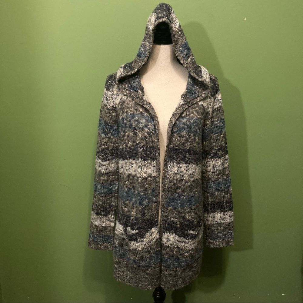 Cozy Hooded Knit Sweater - Blue and Gray